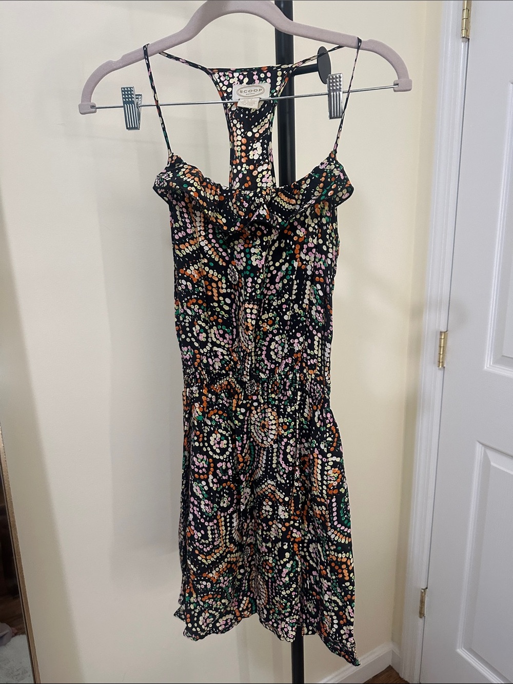 Printed Black Spaghetti-Strap Mini Dress with Multicolor Dot Pattern